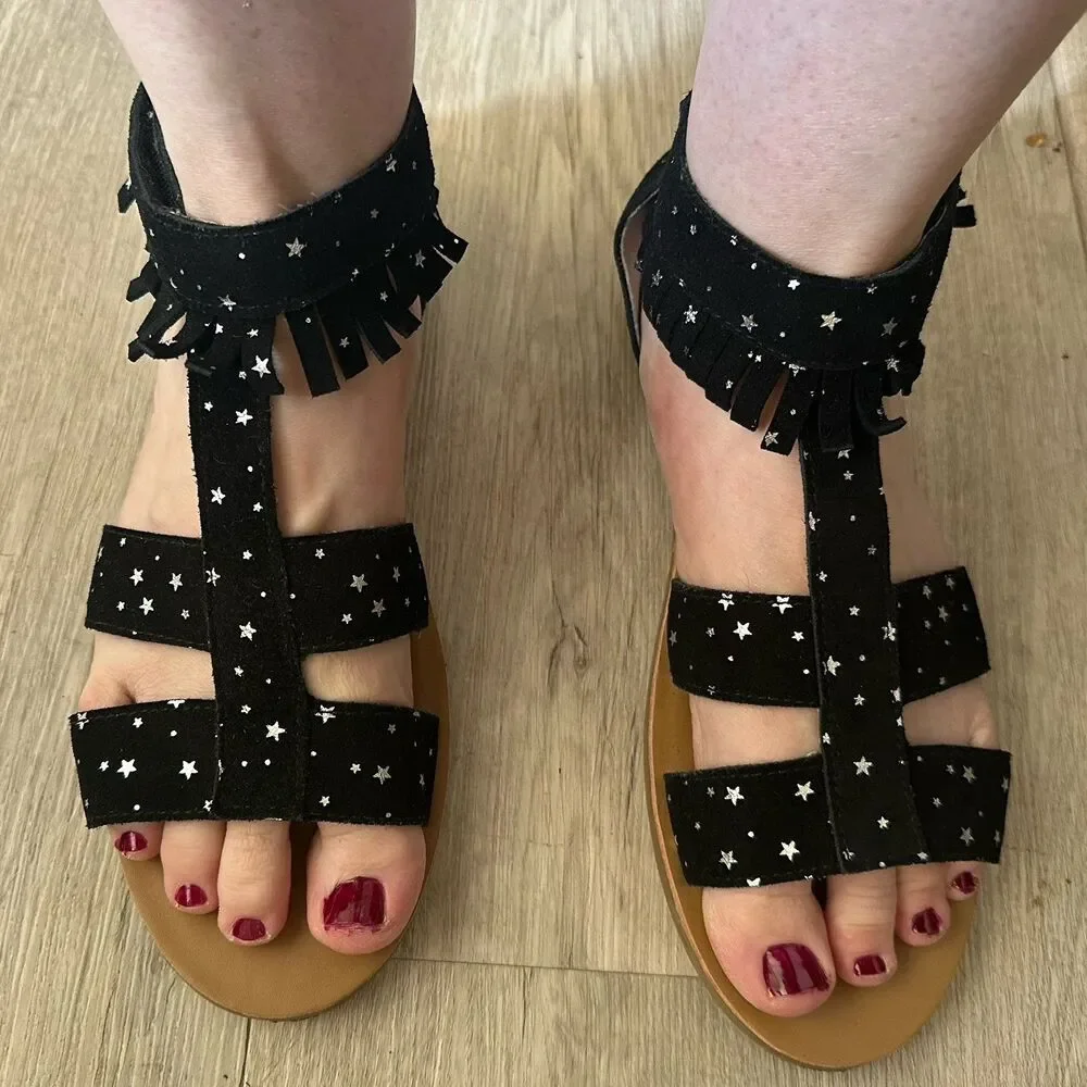Spellbound Soles Black Suede Silver Star Gladiator Sandals EU Size 41